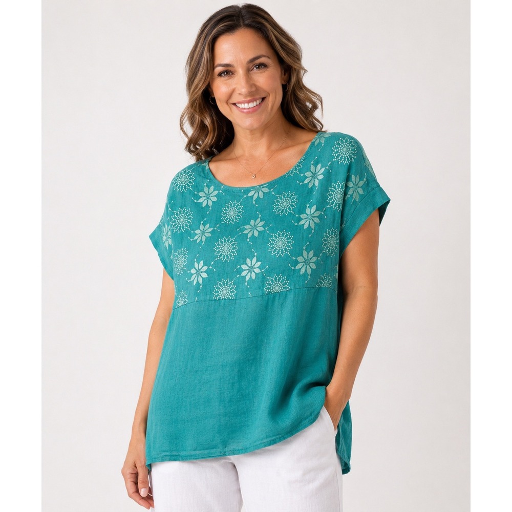 Terzo Millennio Italy Linen Embroidered Tunic Top Teal Green Womens Large 706